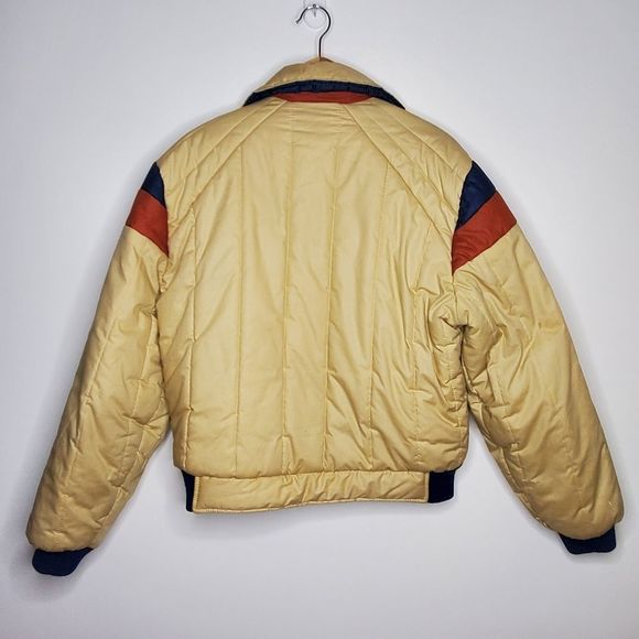 Vintage 80s Lightning Bolt Beige Blue Red Puffer Bomber Collared Coat Size L - Picture 4 of 6